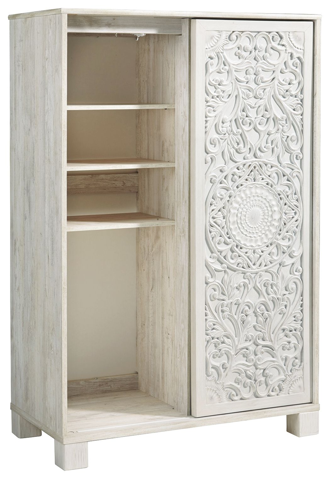 Whitewashed dressing chest with open shelving and ornate carved side panel