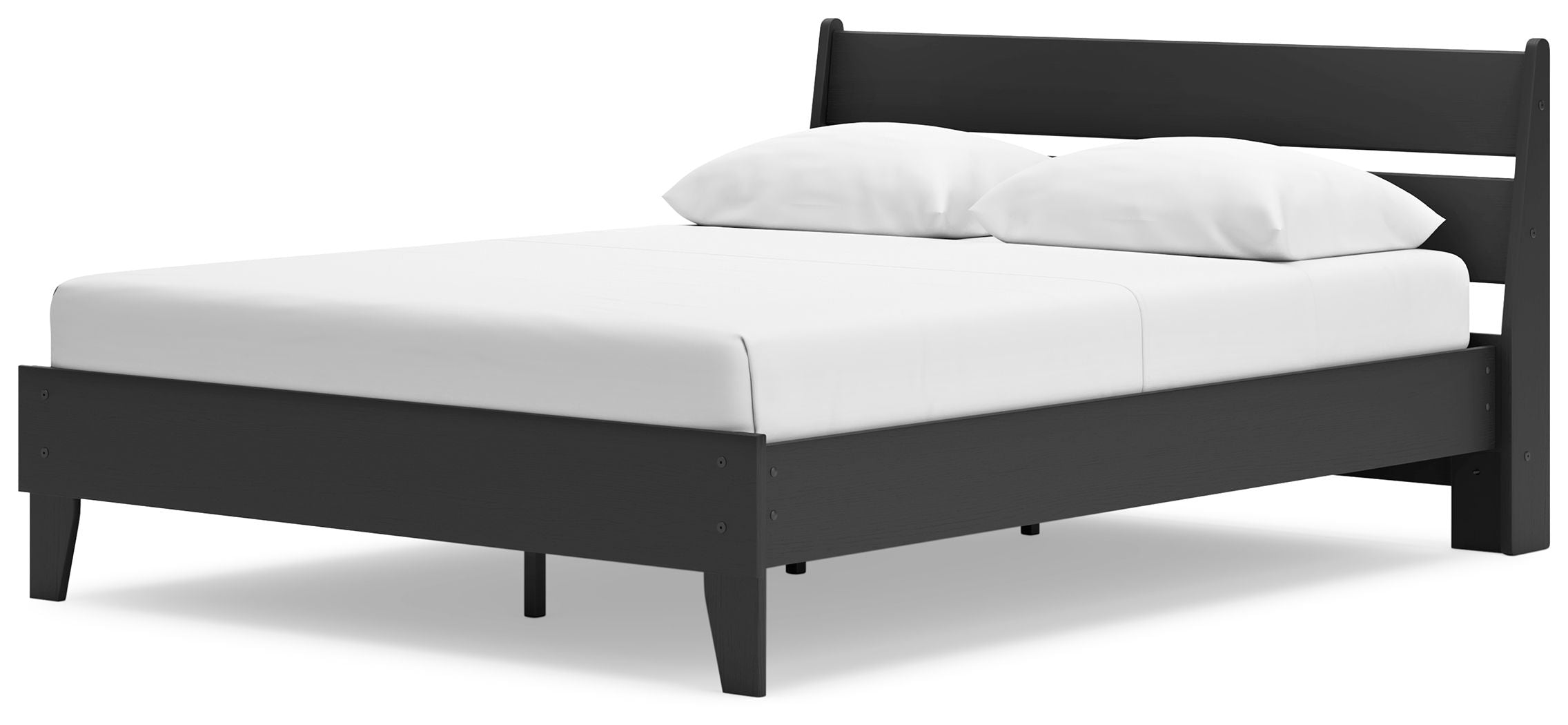 Black panel platform bed with white mattress and two pillows