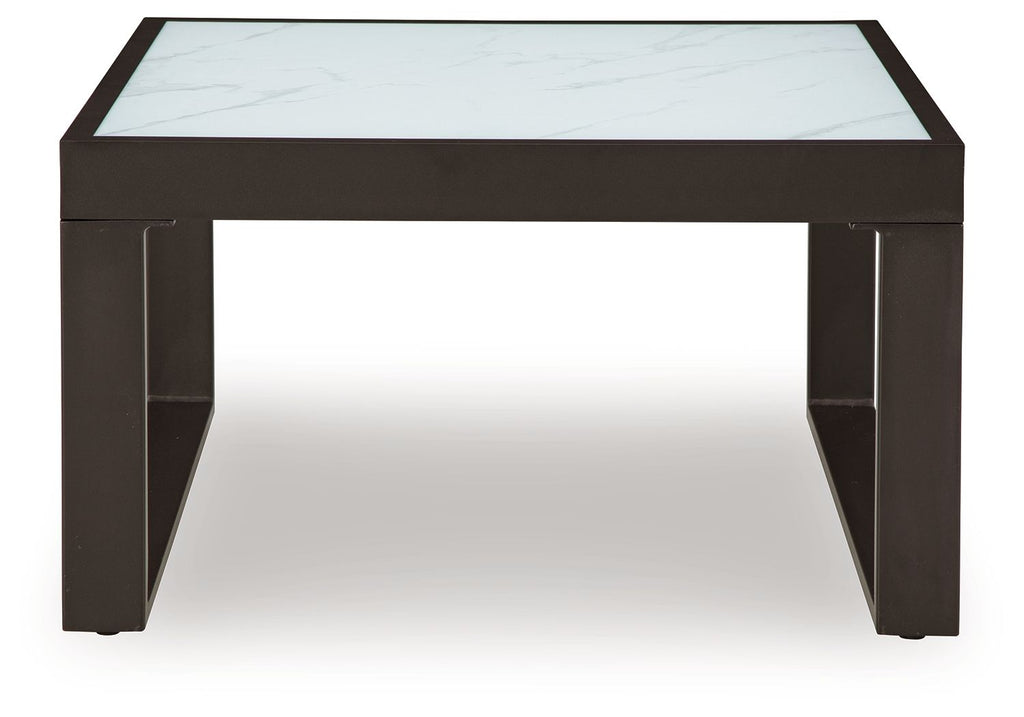 Square cocktail table front view with light gray marble-style top and black legs