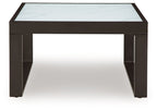 Square cocktail table front view with light gray marble-style top and black legs