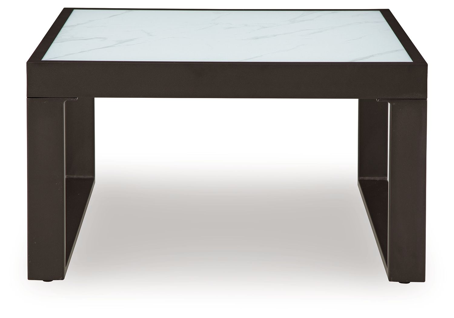 Square cocktail table front view with light gray marble-style top and black legs