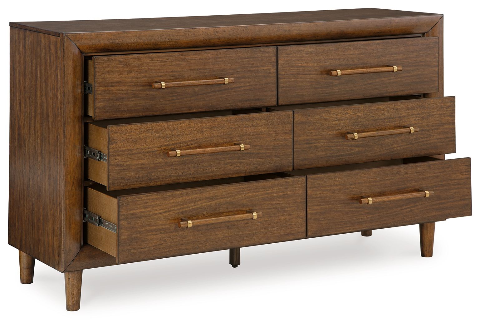 Brown wooden dresser with open drawers and brass bar handles, showing interior storage