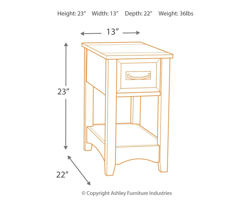 Wood chair side end table with one drawer, showing height and depth diagram