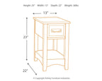 Wood chair side end table with one drawer, showing height and depth diagram