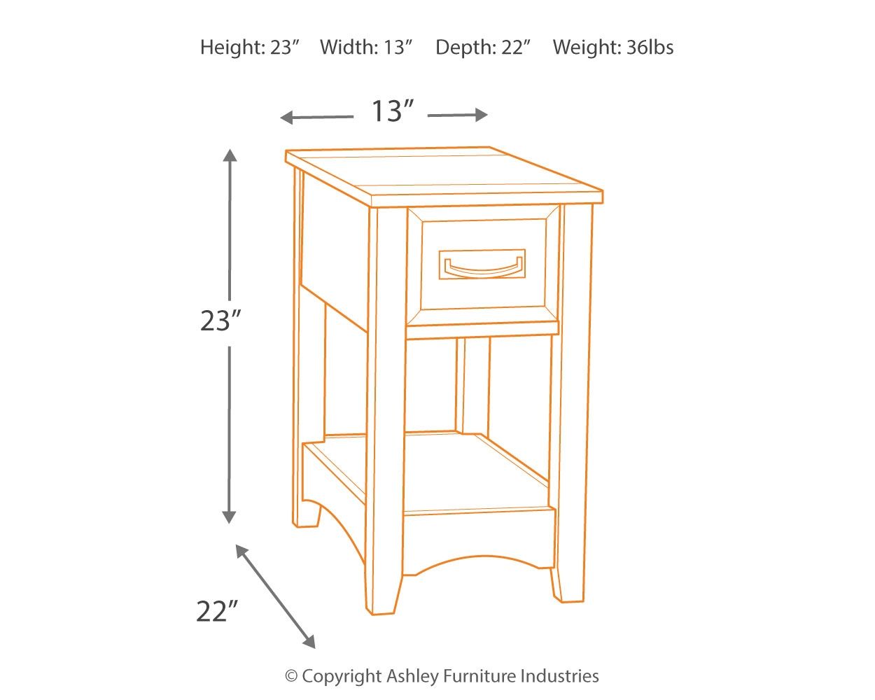 Wood chair side end table with one drawer, showing height and depth diagram