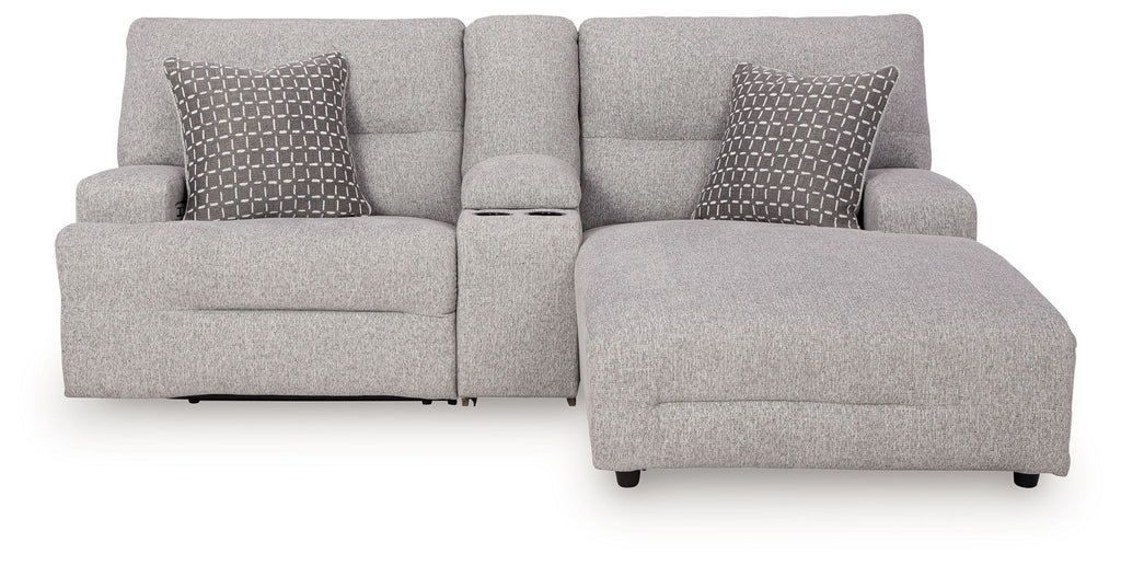 Power reclining sectional sofa with raf chaise, light gray upholstery, four wide seats