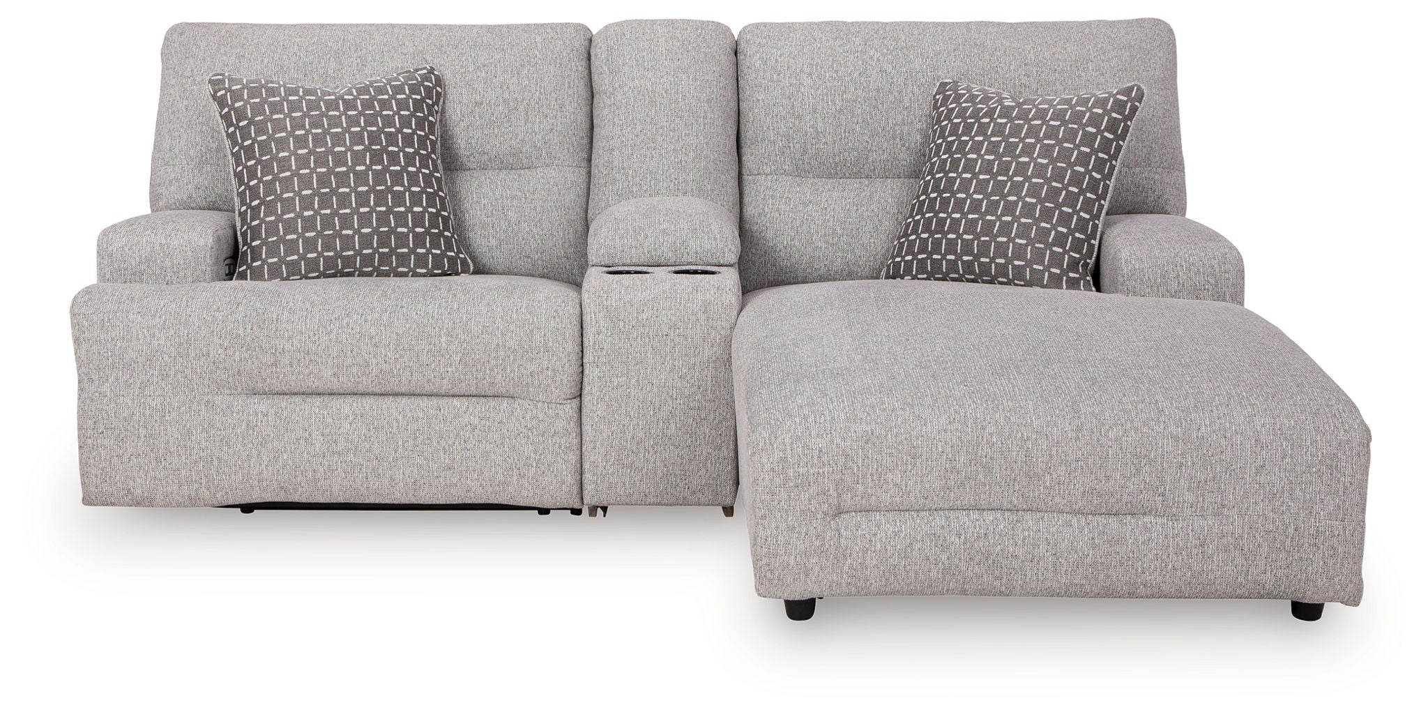 Power reclining sectional sofa with raf chaise, light gray upholstery, four wide seats