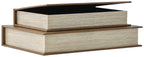 Beige fabric storage boxes with dark interior, box lids partially open