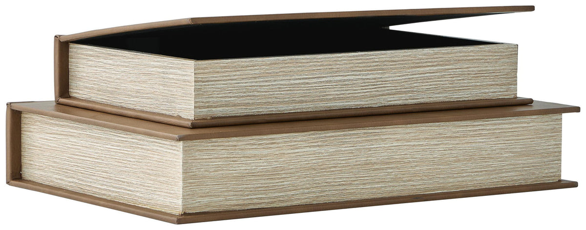 Beige fabric storage boxes with dark interior, box lids partially open
