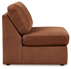 Spice armless chair with curved arm panel, padded seat and back in brown fabric