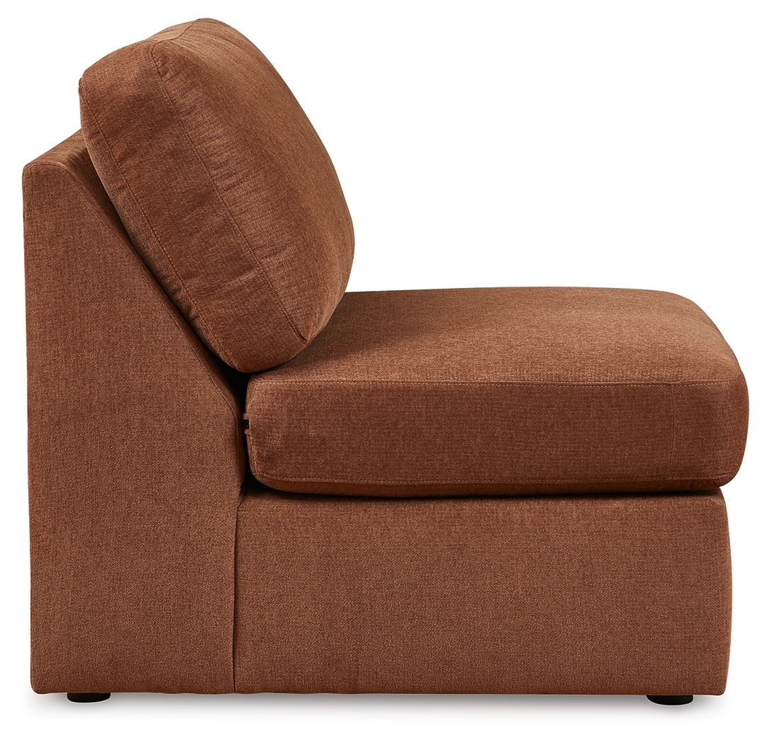 Spice armless chair with curved arm panel, padded seat and back in brown fabric
