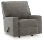 Gray fabric rocking recliner chair with padded arms and tall backrest