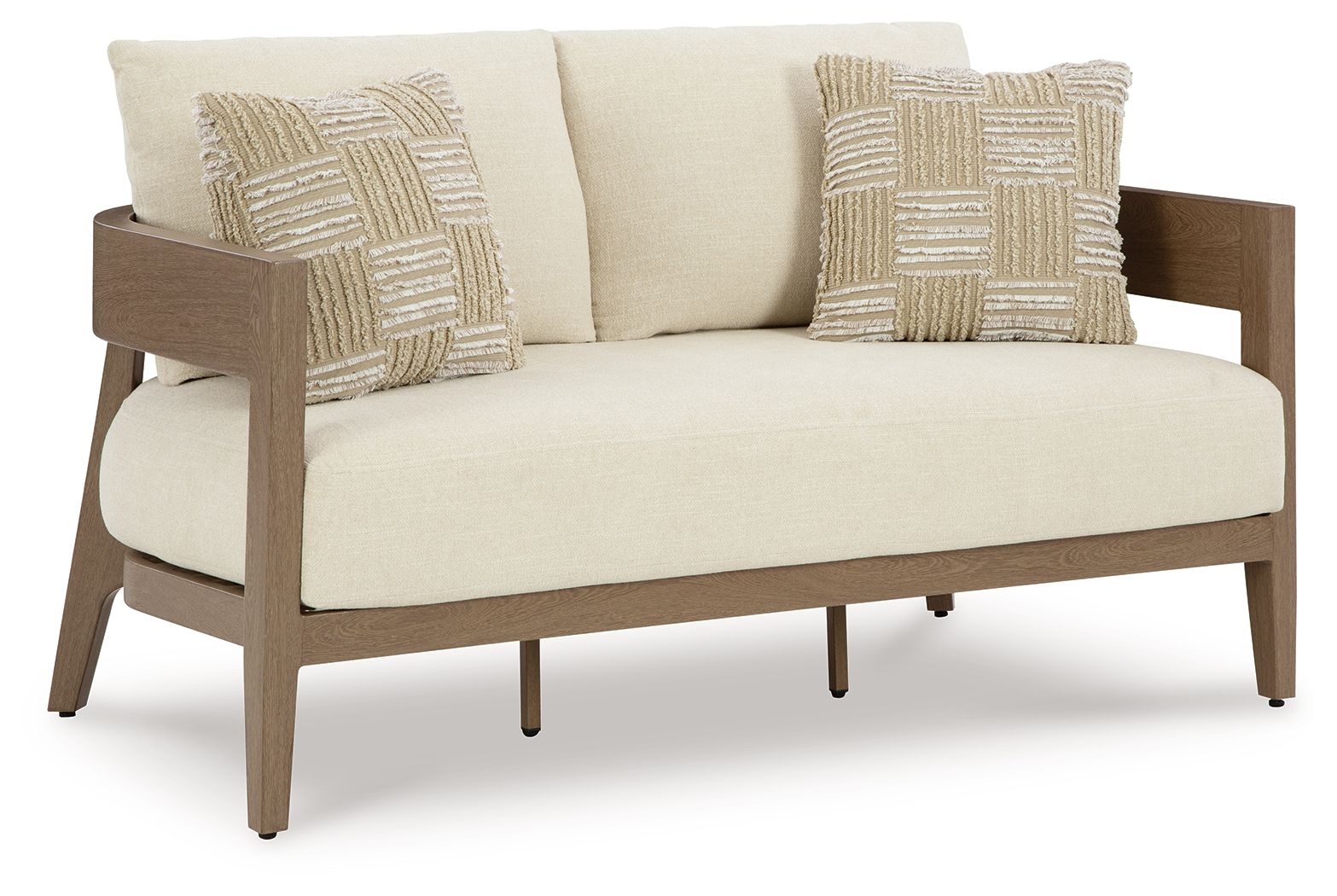 Loveseat with cushion in dark brown wood, light beige seat with 2 patterned pillows
