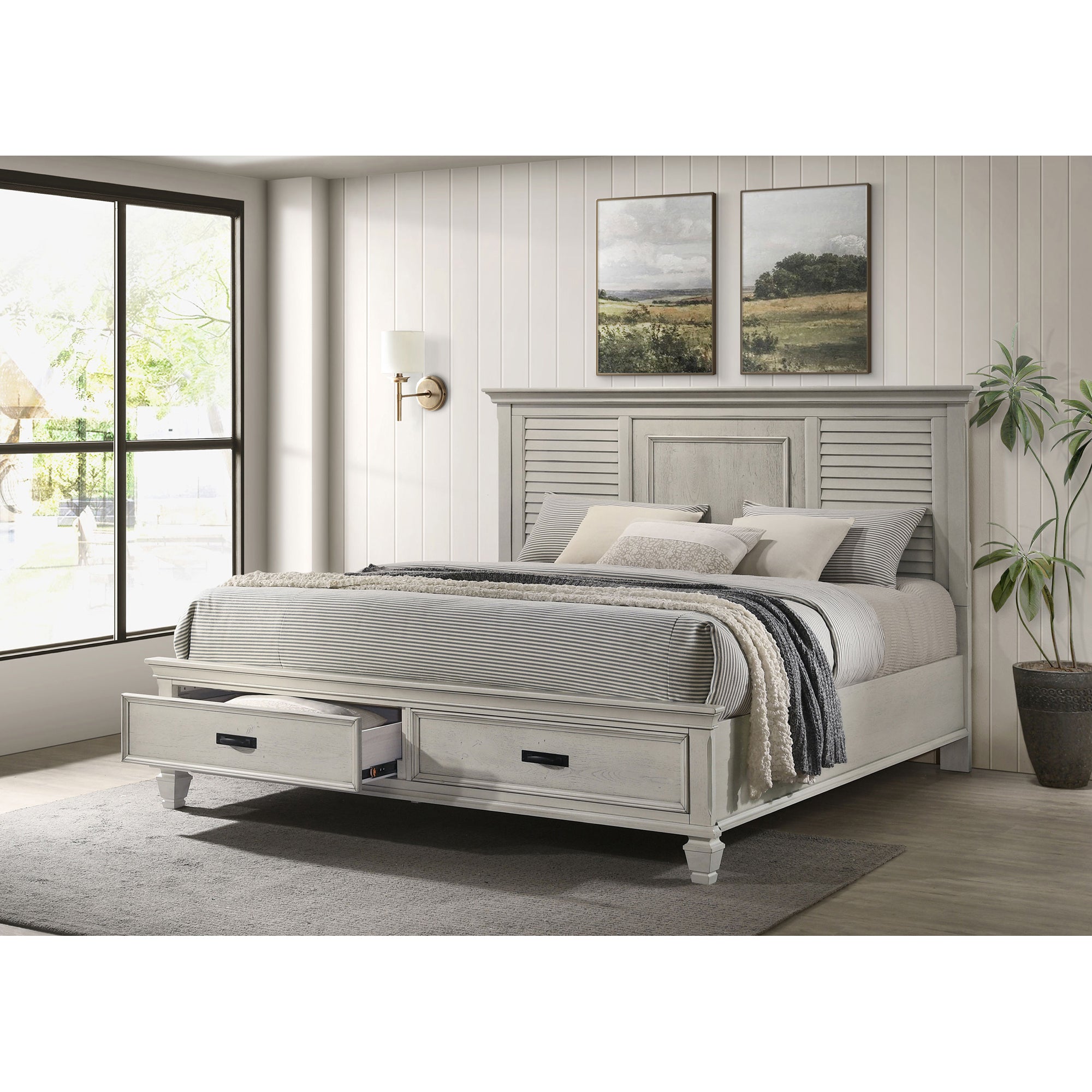 Capistrano Distressed White Eastern King Bed with 2 Drawers