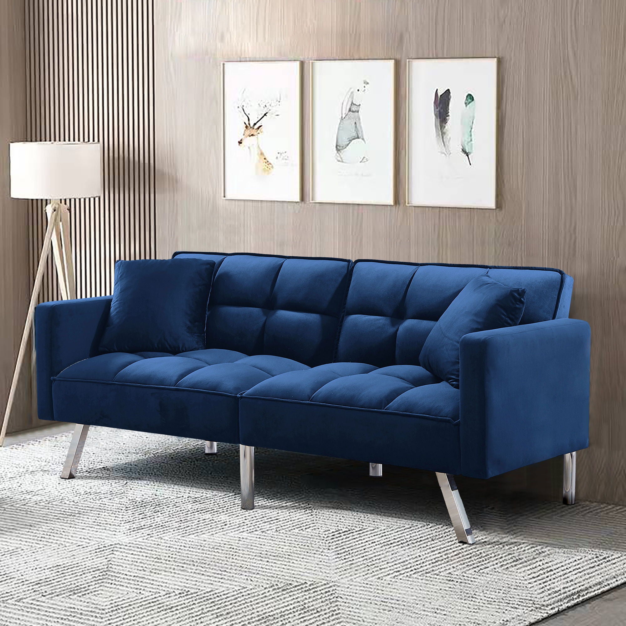 Futon Sofa Sleeper Velvet With 2 Pillows - Navy Blue