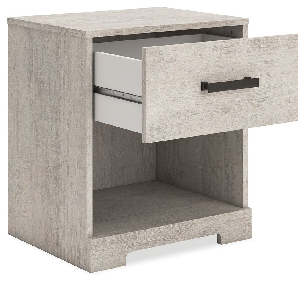 Whitewash one-drawer night stand with open drawer and black bar handle