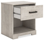 Whitewash one-drawer night stand with open drawer and black bar handle