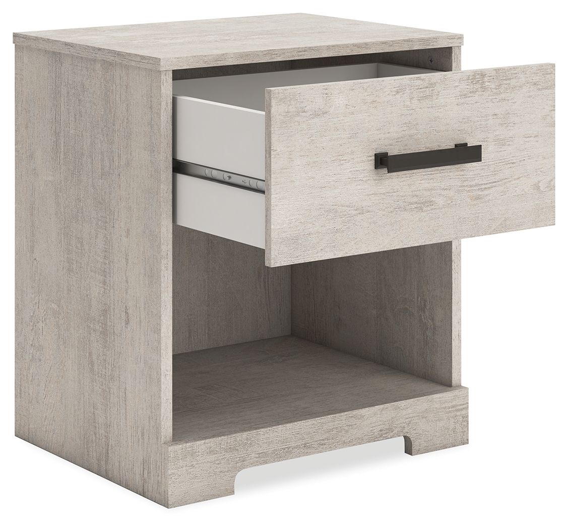 Whitewash one-drawer night stand with open drawer and black bar handle