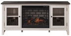 White TV stand with fireplace insert, glass doors and red ember flame panel