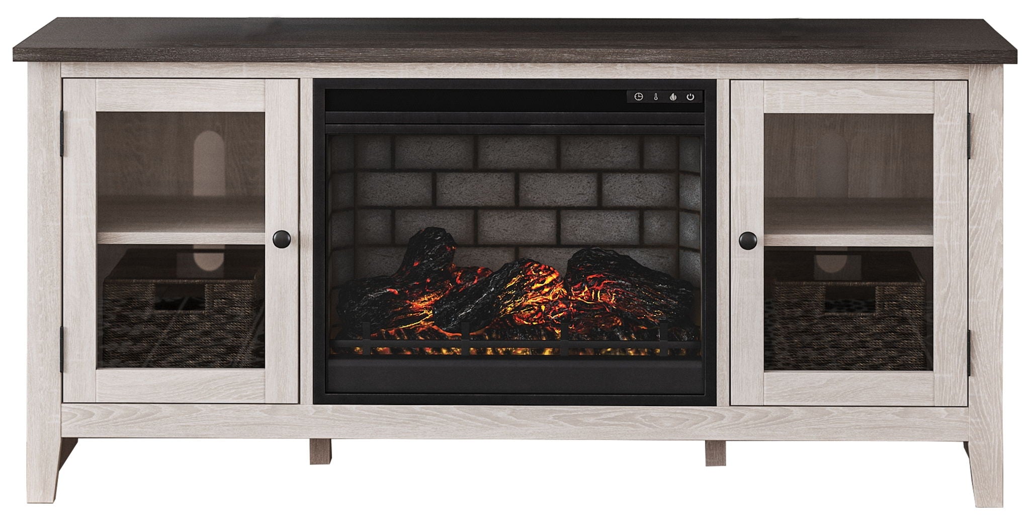 White TV stand with fireplace insert, glass doors and red ember flame panel