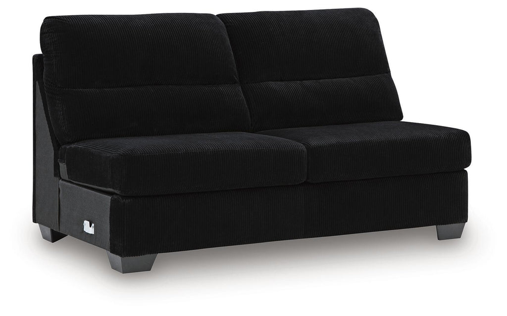 Onyx armless loveseat with two back cushions and padded seat, dark fabric
