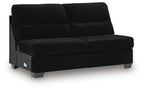 Onyx armless loveseat with two back cushions and padded seat, dark fabric