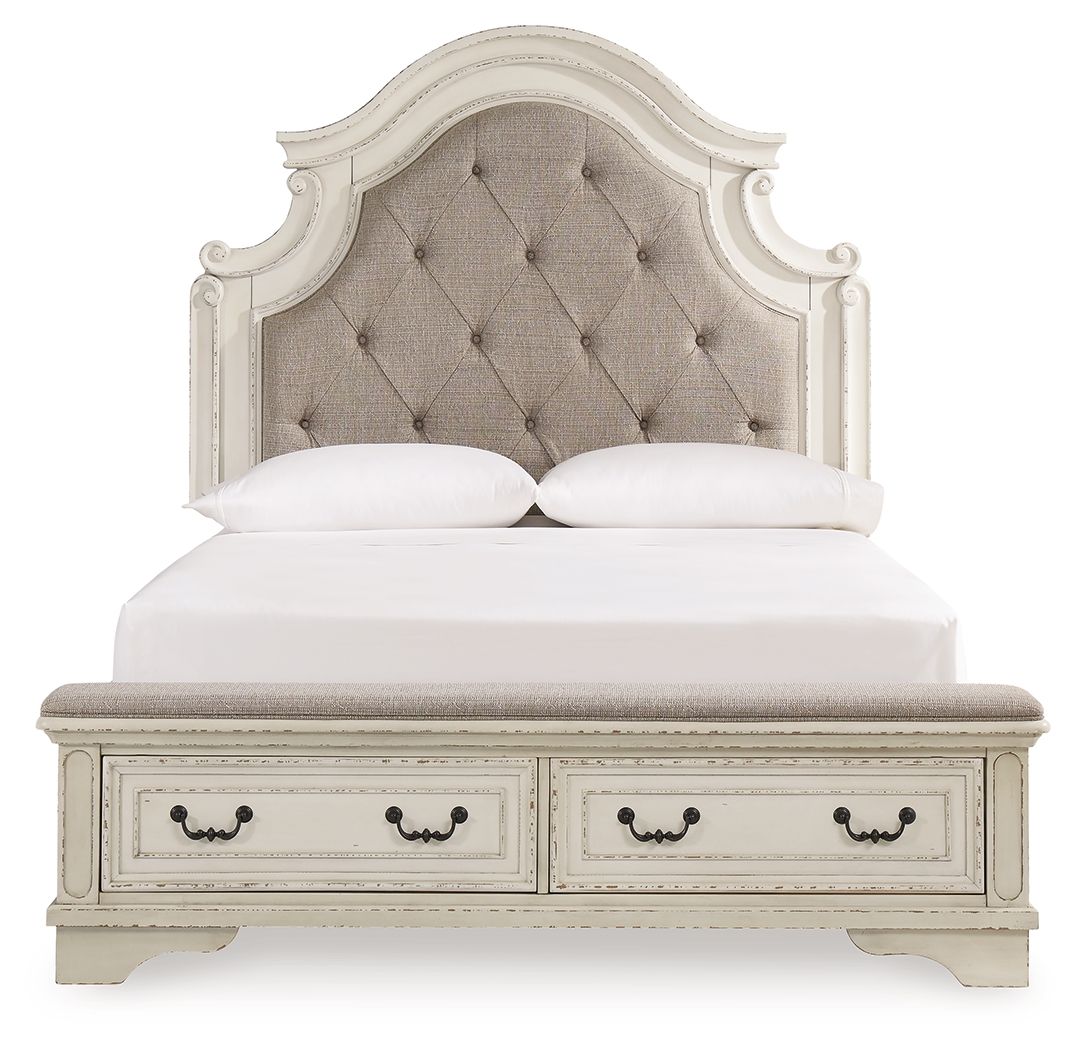 Storage bed with tufted headboard and two drawers, white frame