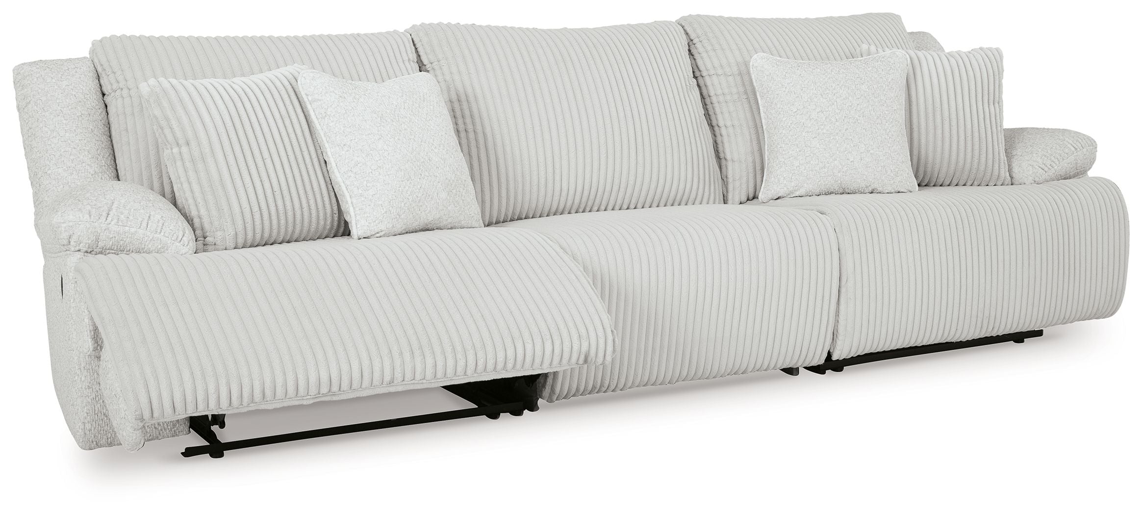 Light gray reclining sectional sofa with chaise ends and striped cushions