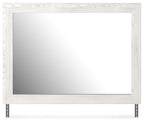 Rectangular bedroom mirror with white woodgrain frame and gray reflective glass