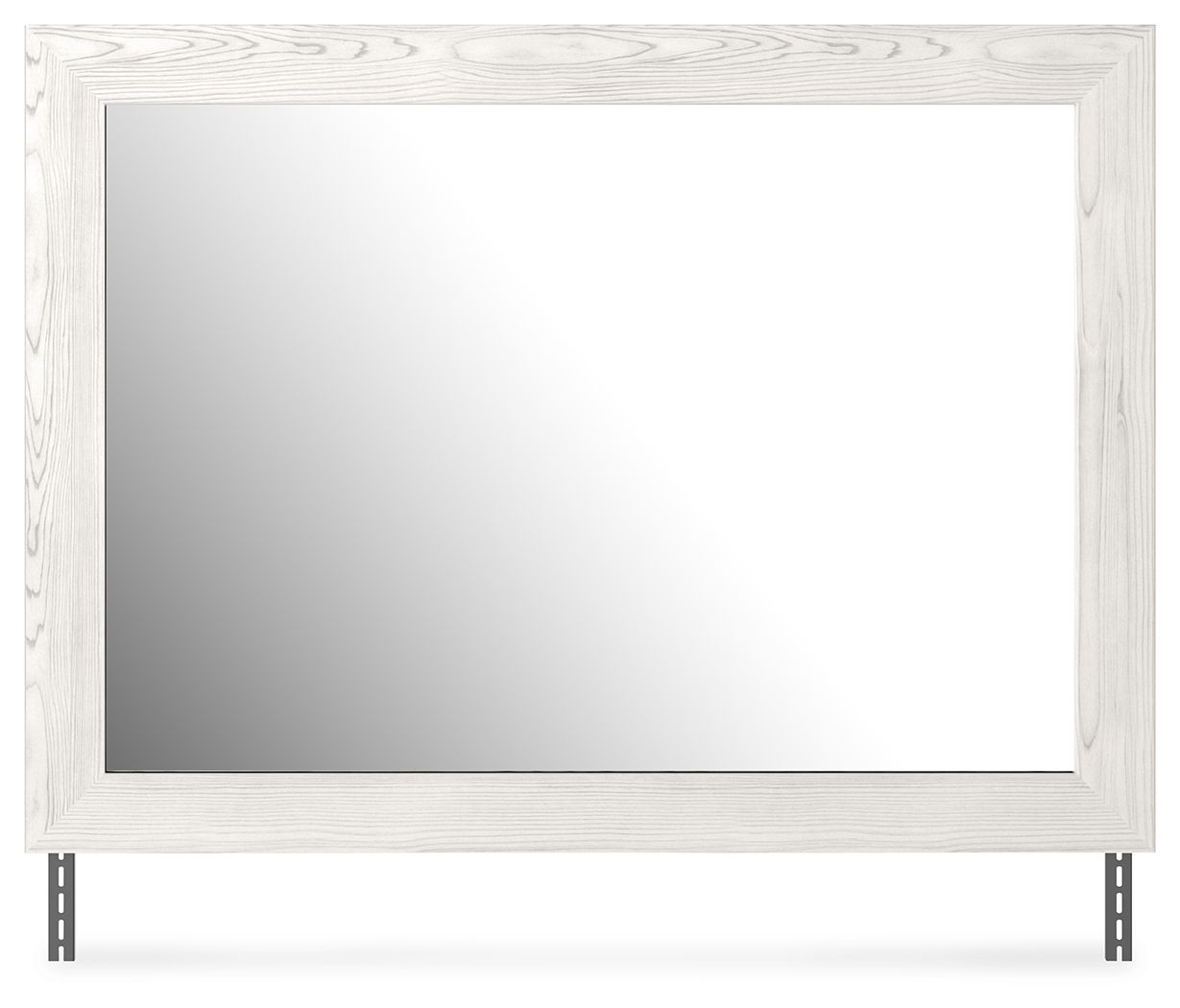 Rectangular bedroom mirror with white woodgrain frame and gray reflective glass