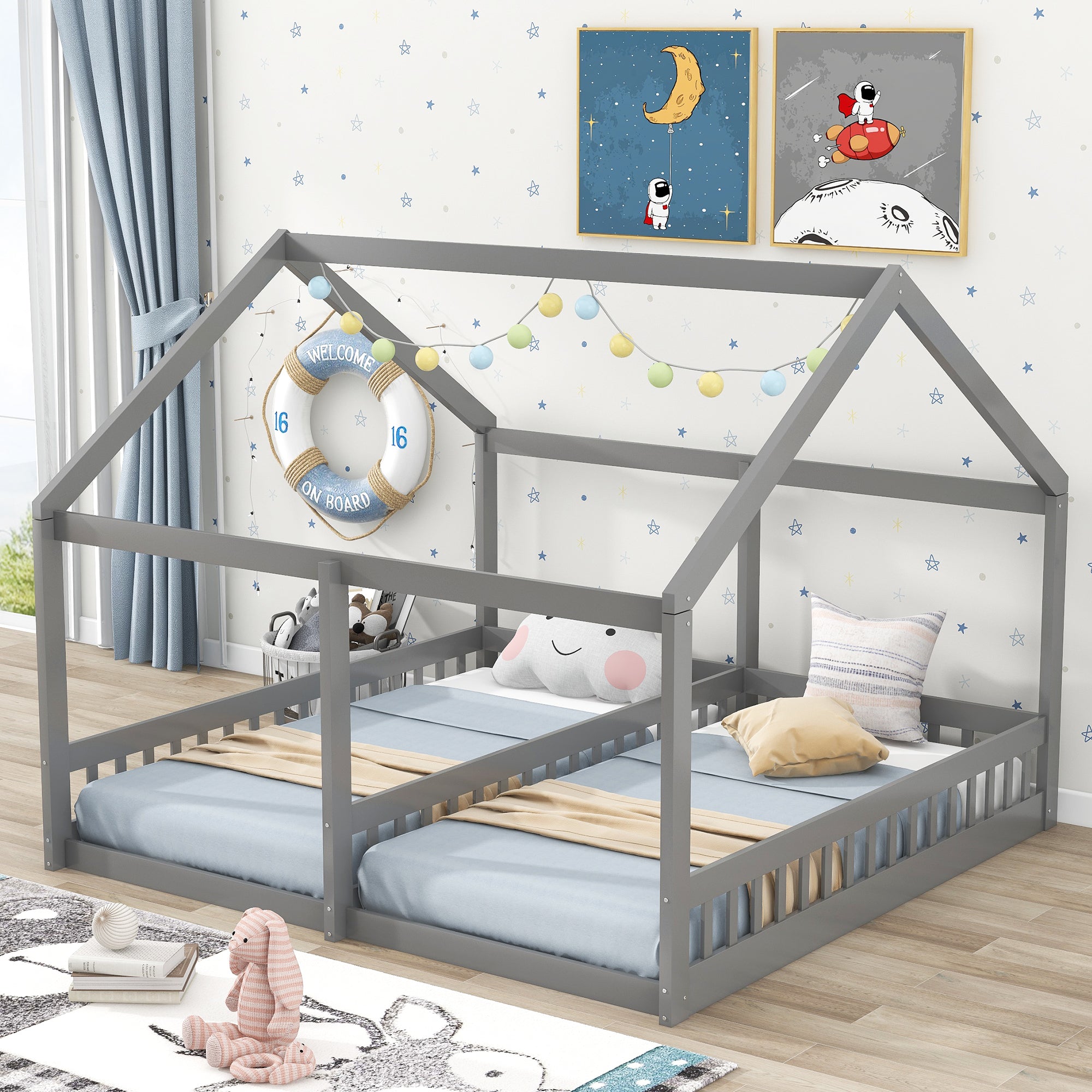 Twin Size Gray House Platform Beds - Two Shared Beds