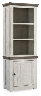 Distressed pier cabinet with open shelving and lower panel cabinet door