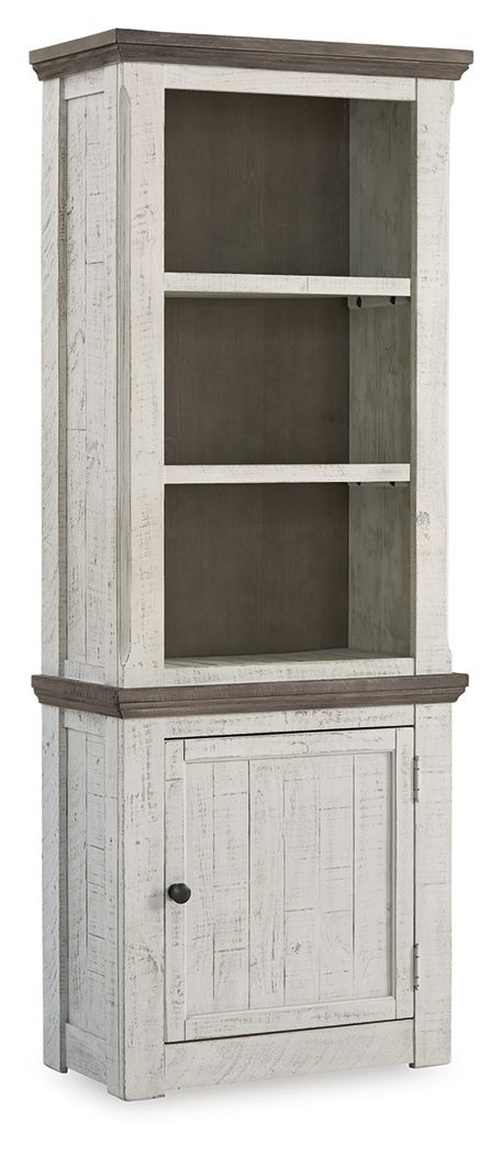 Distressed pier cabinet with open shelving and lower panel cabinet door