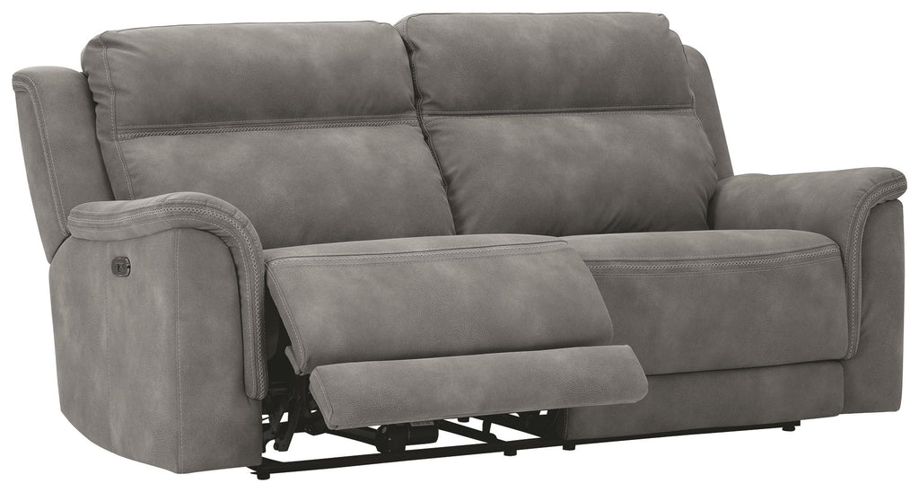 Power reclining sofa, dark gray upholstery, reclining seat with visible base mechanisms