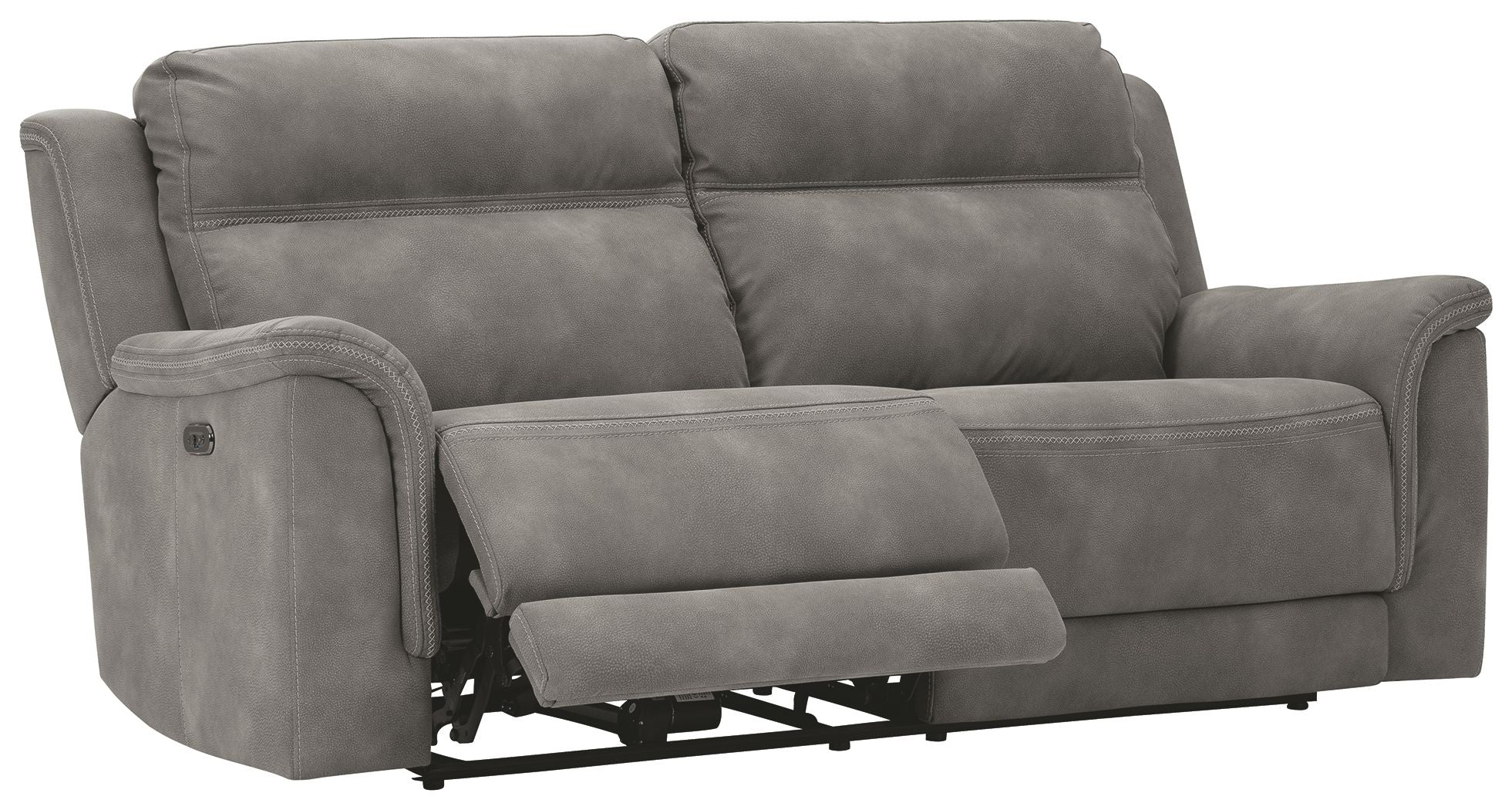 Power reclining sofa, dark gray upholstery, reclining seat with visible base mechanisms