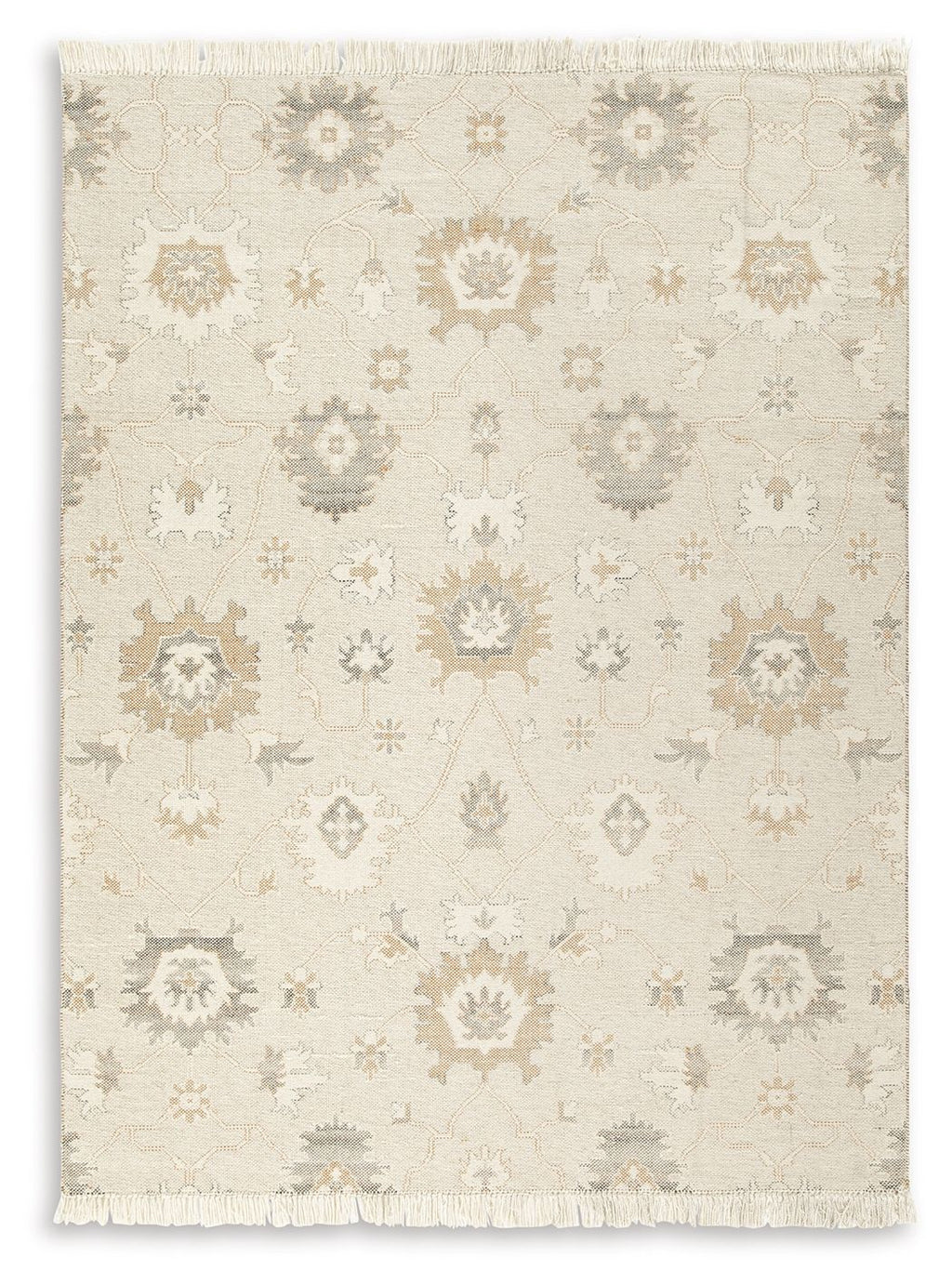 Beige rug with light ornate pattern and fringed edges, full view