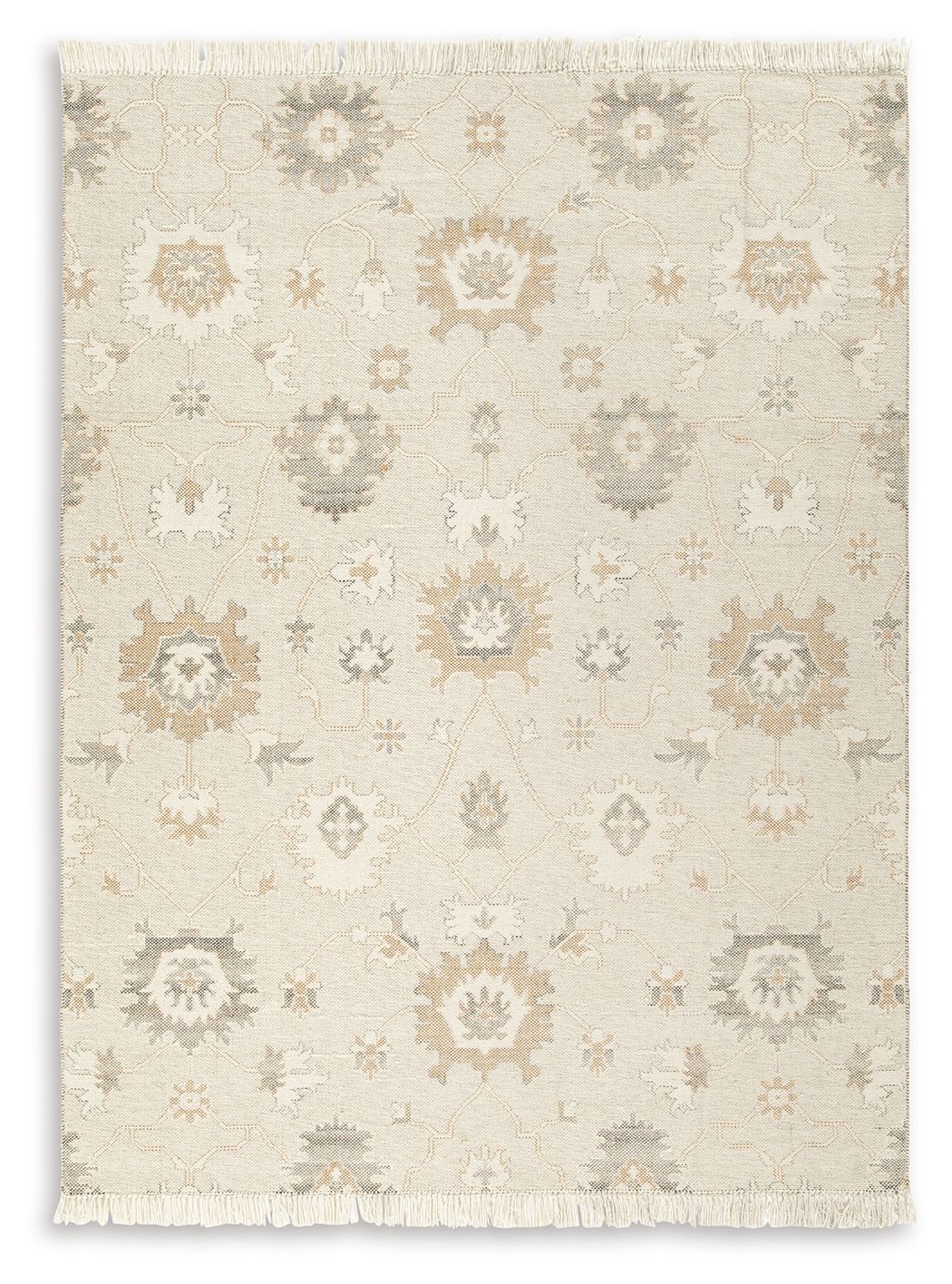 Beige rug with light ornate pattern and fringed edges, full view