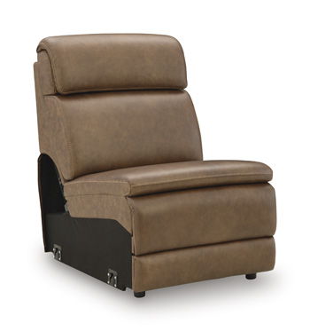 Armless upholstered chair, saddle-brown with padded back and dark base