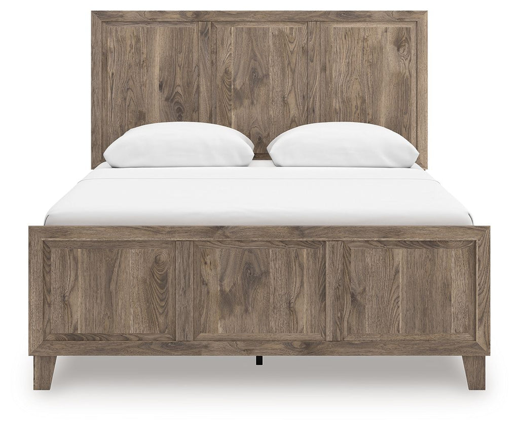 Rusticott panel bed with light brown wood headboard, footboard, and two white pillows