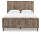 Rusticott panel bed with light brown wood headboard, footboard, and two white pillows