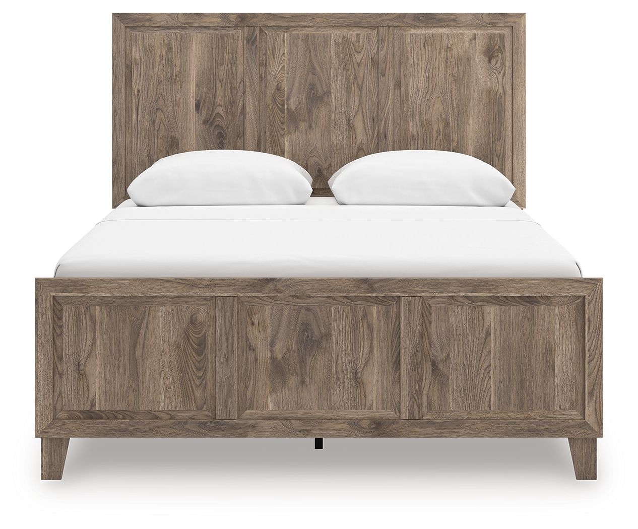 Rusticott panel bed with light brown wood headboard, footboard, and two white pillows