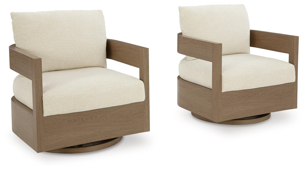 Dark brown swivel glider chair with thick light cushion and arms.