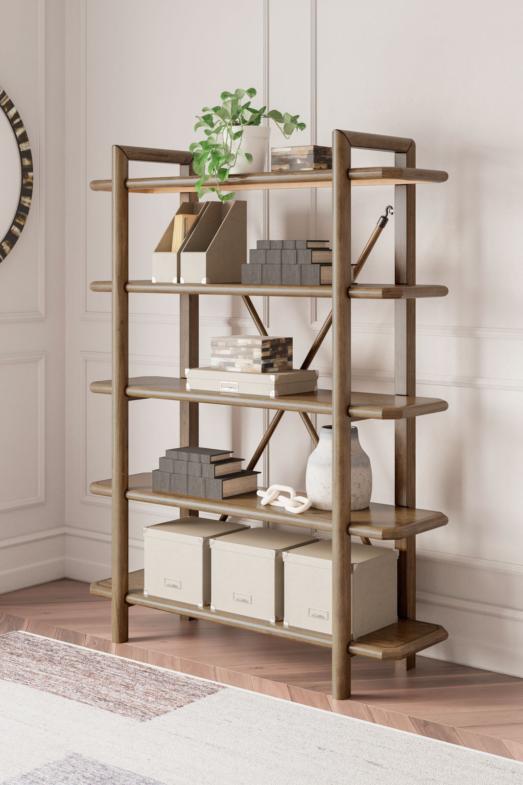 Brown wooden bookcase with multiple open shelves and diagonal support braces