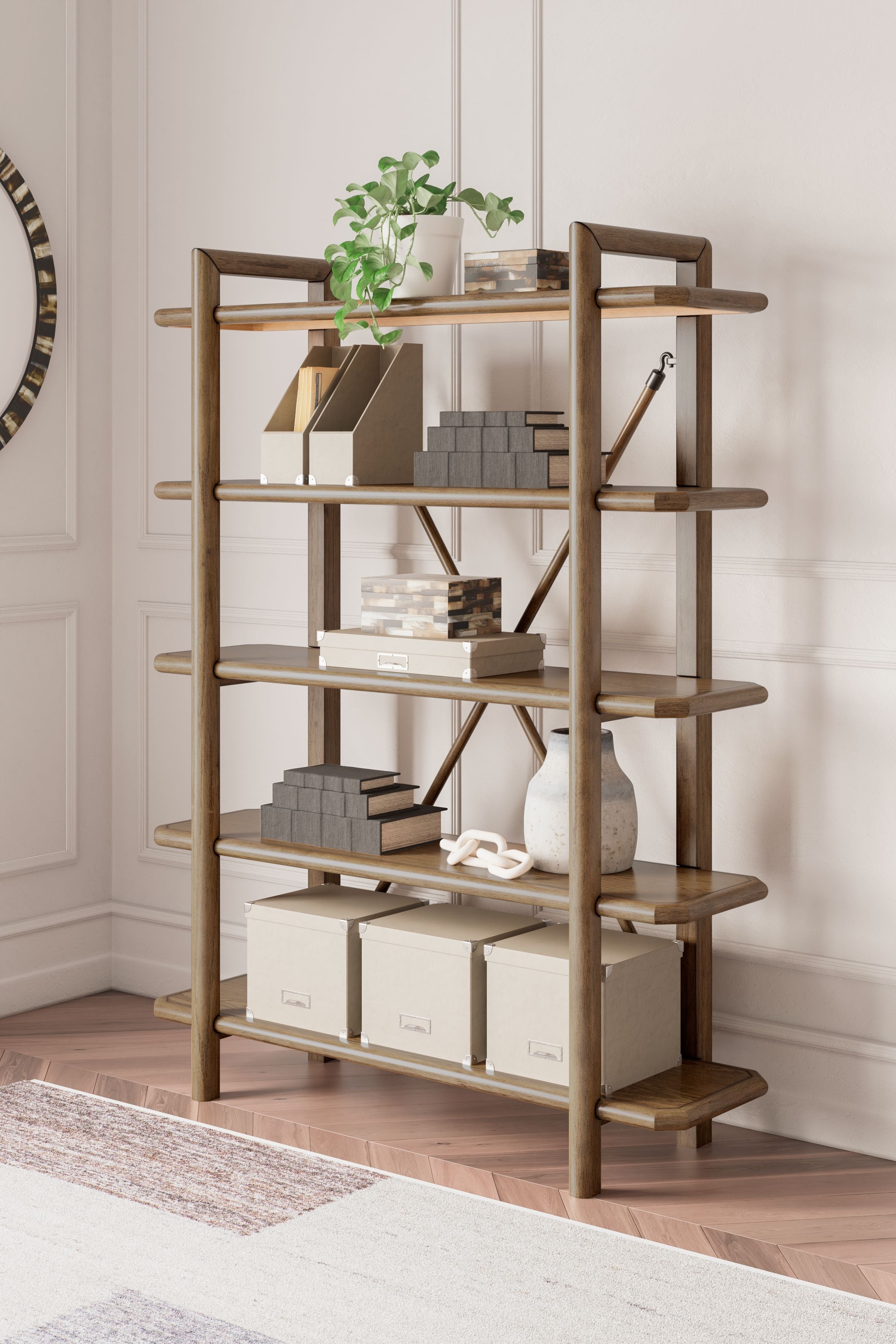 Brown wooden bookcase with multiple open shelves and diagonal support braces