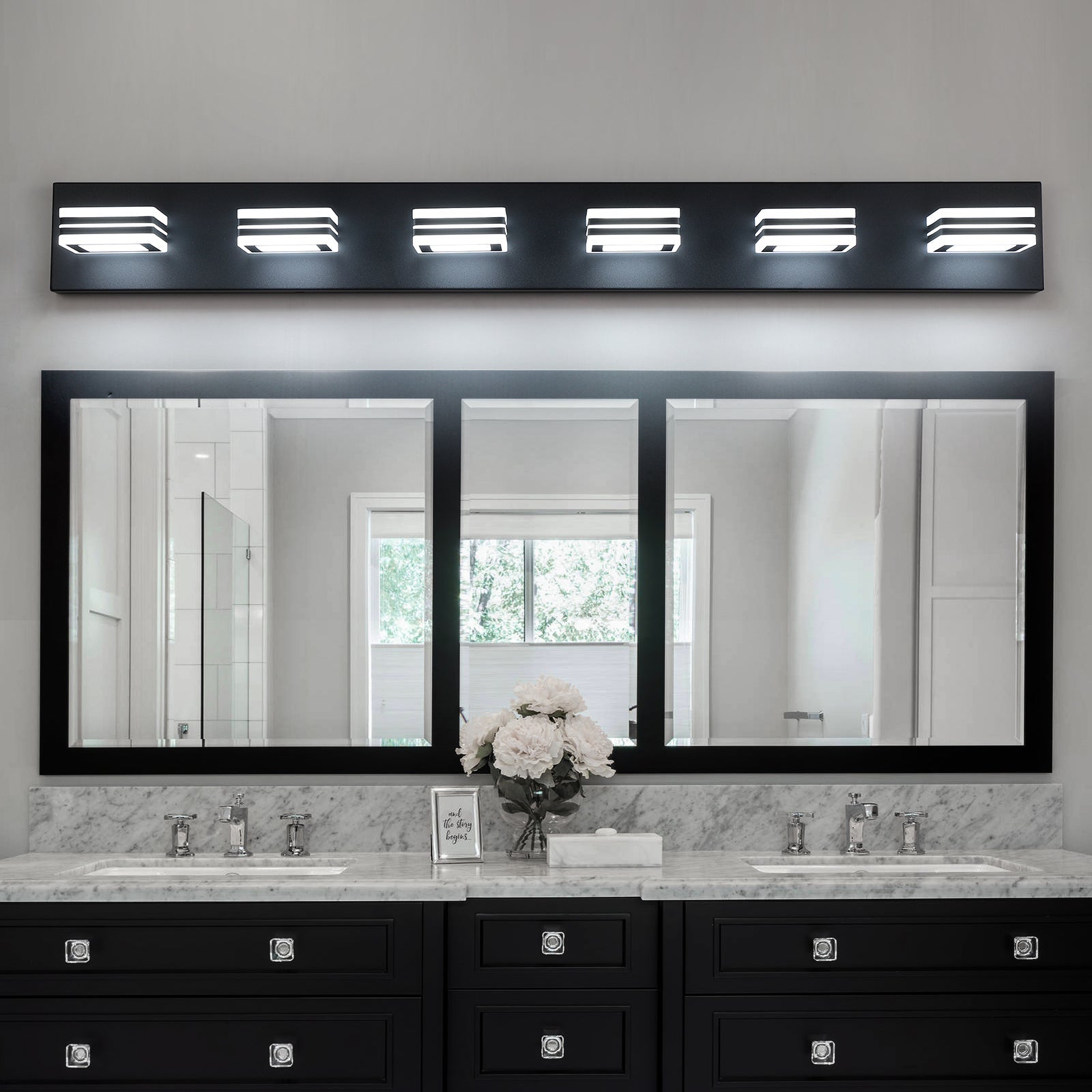 6-Light LED Modern Black Vanity Lights: Acrylic Matte Black Bathroom Vanity Lights Over Mirror