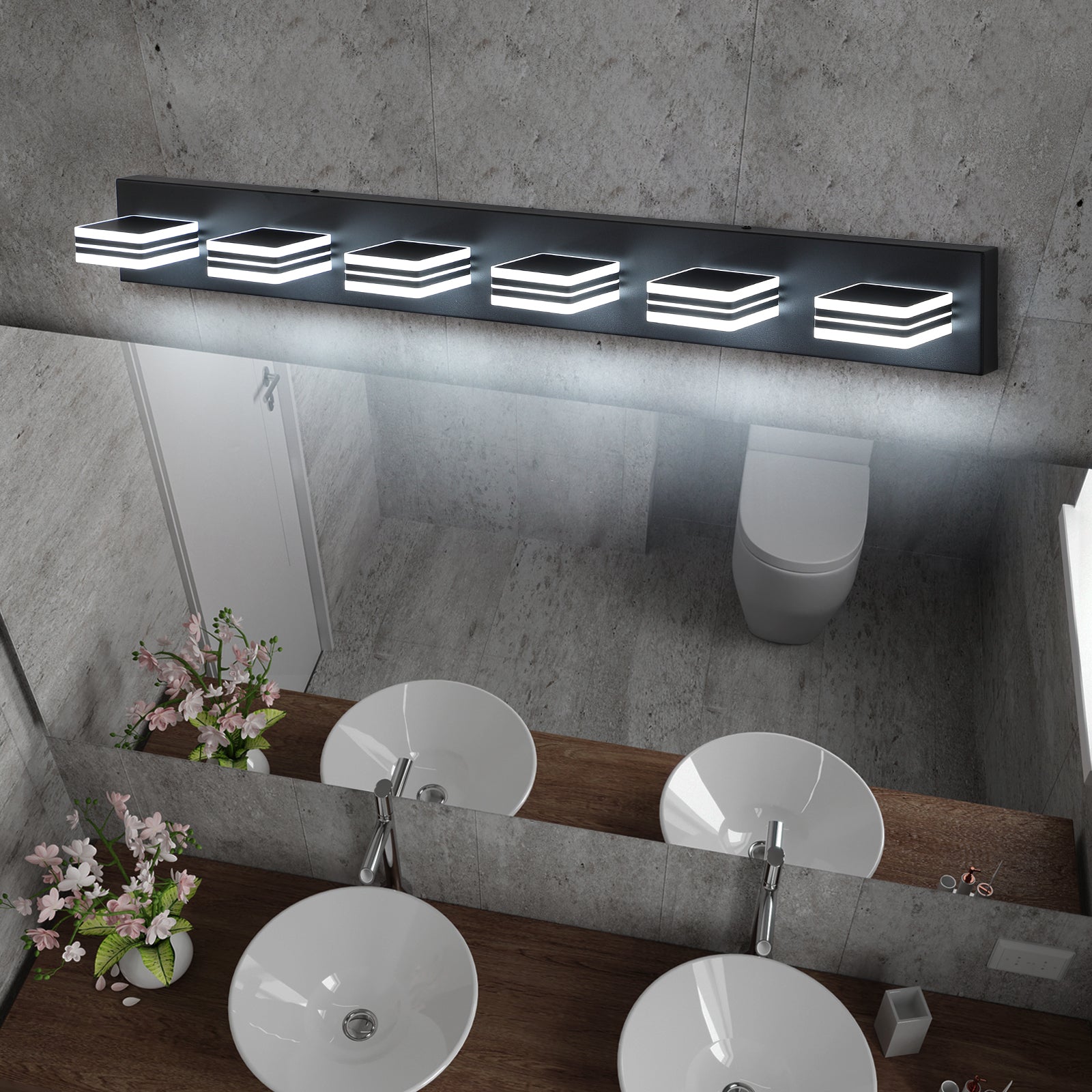 6-Light LED Modern Black Vanity Lights: Acrylic Matte Black Bathroom Vanity Lights Over Mirror