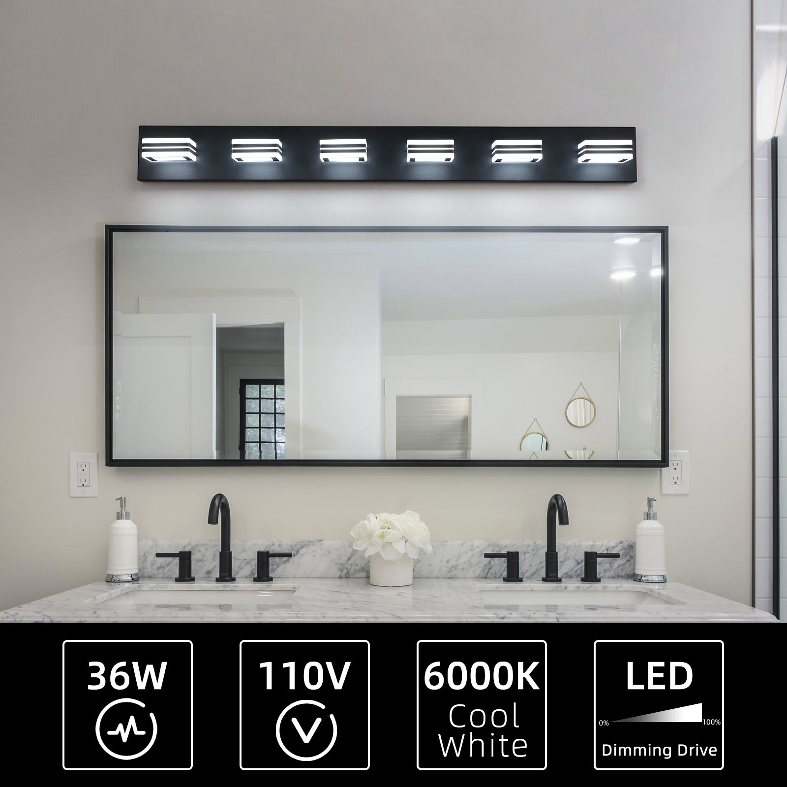 6-Light LED Modern Black Vanity Lights: Acrylic Matte Black Bathroom Vanity Lights Over Mirror