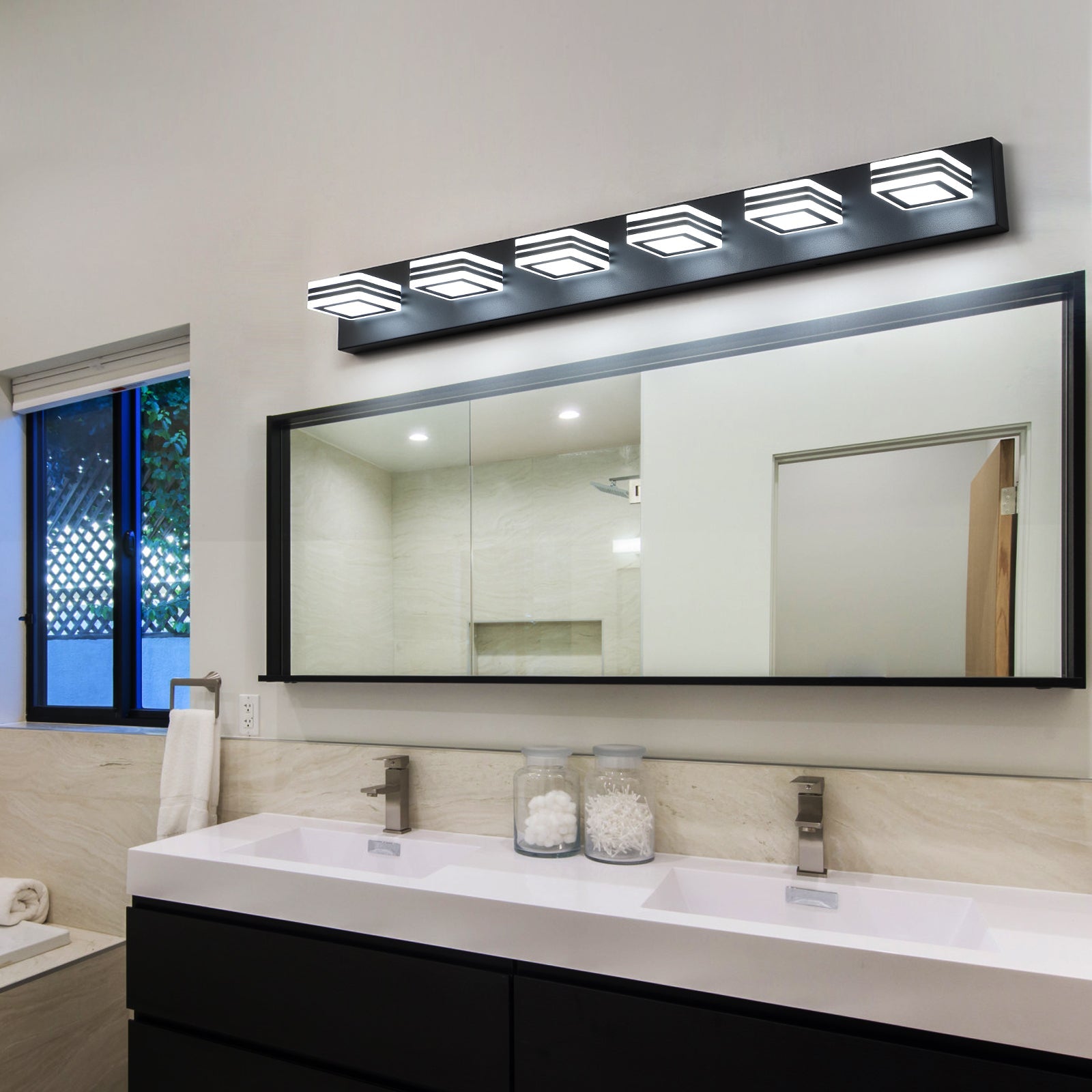 6-Light LED Modern Black Vanity Lights: Acrylic Matte Black Bathroom Vanity Lights Over Mirror