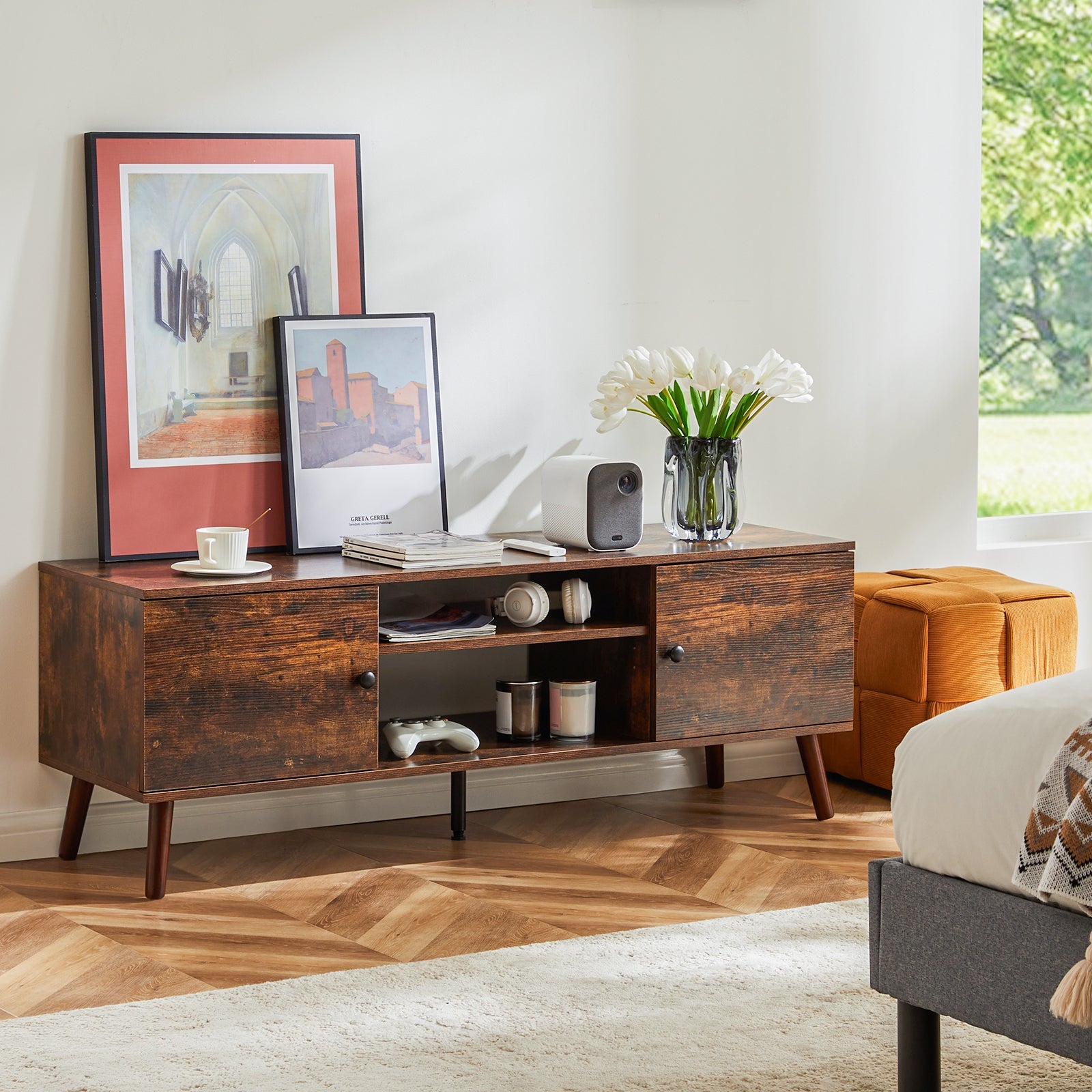 60" TV Stand, Media Console, Adjustable Shelves, Brown-American Furniture Outlet