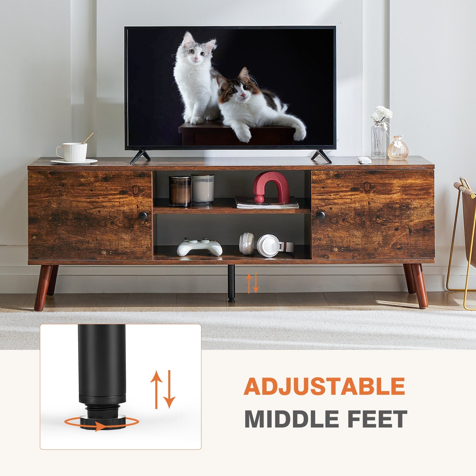 60" TV Stand, Media Console, Adjustable Shelves, Brown-American Furniture Outlet